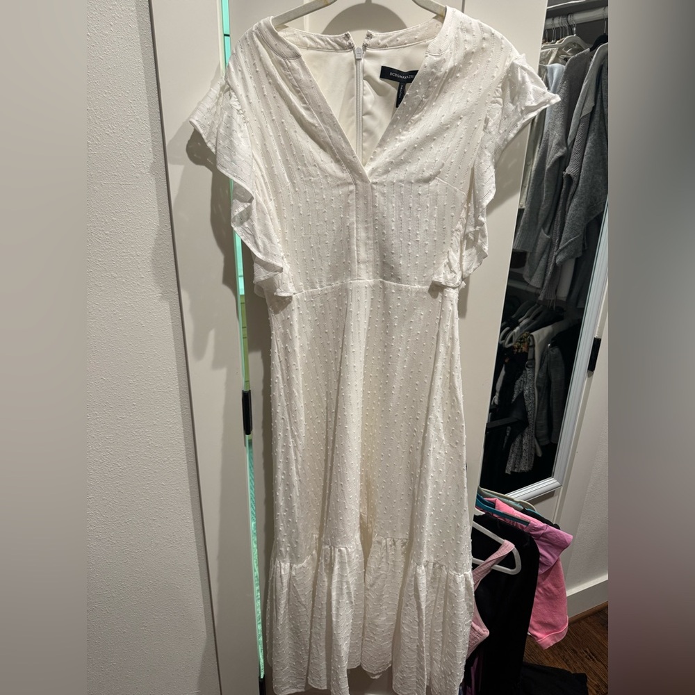 Elegant BCBG White Ruffle Sleeve Dress